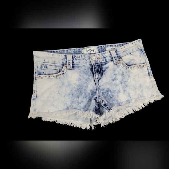 𝅺daytrip Gemini Stone Washed Jean Shorts with Fringe and Sparkle Embellishments - Picture 1 of 4